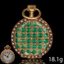 RARE AND FINE VICTORIAN ENAMEL, PEARL AND DIAMOND POCKET WATCH