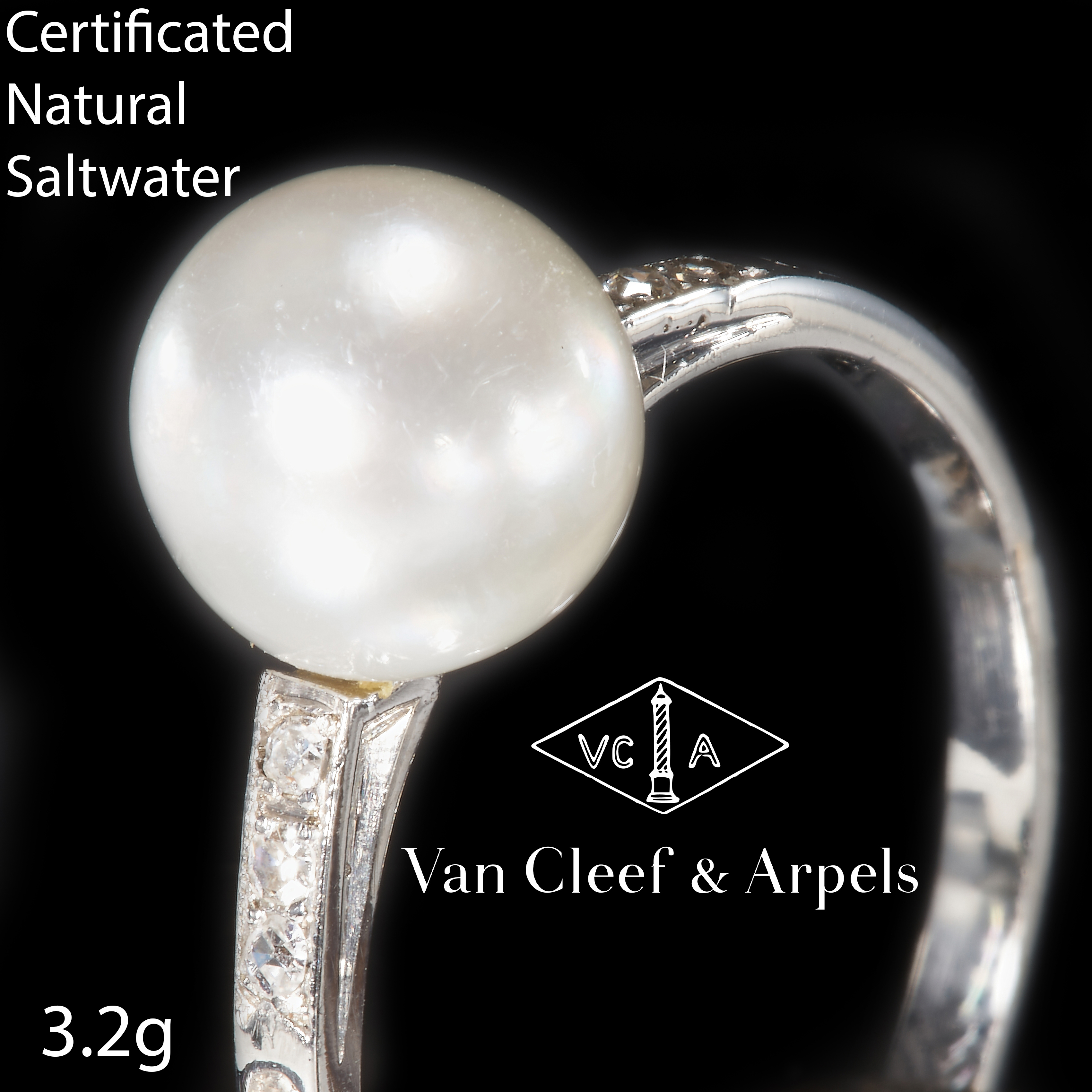 VAN CLEEF & ARPELS, RARE CERTIFICATED NATURAL SALTWATER PEARL AND DIAMOND RING