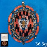LARGE AND UNUSUAL CORAL ONYX AND DIAMOND PENDANT