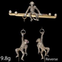 RARE DIAMOND PEARL AND RUBY DOUBLE MONKEY BROOCH