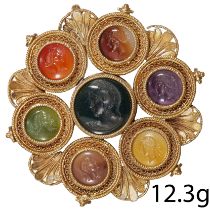 FINE AND RARE VICTORIAN HARD STONE 7 INTAGLIO BROOCH/PENDANT