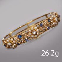 ANTIQUE PEARL, SAPPHIRE AND OLD CUT DIAMOND BANGLE