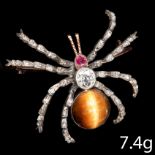ANTIQUE VICTORIAN DIAMOND RUBY AND TIGERS EYE SPIDER BROOCH