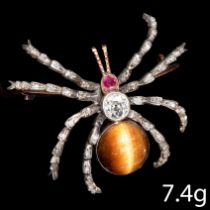 ANTIQUE VICTORIAN DIAMOND RUBY AND TIGERS EYE SPIDER BROOCH