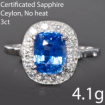 CERTIFICATED CEYLON SAPPHIRE AND DIAMOND CLUSTER RING