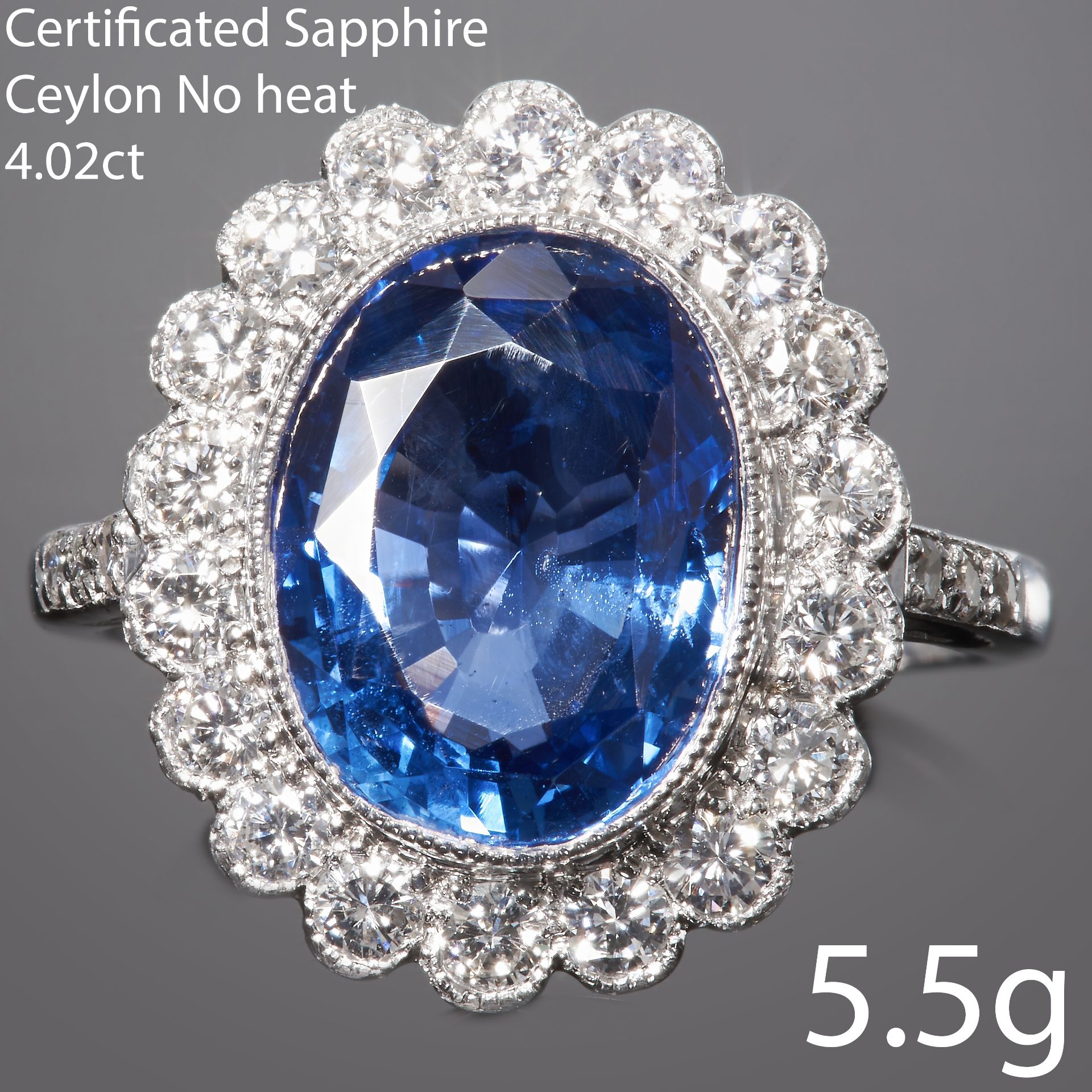 CERTIFICATED CEYLON NO HEAT SAPPHIRE AND DIAMOND CLUSTER RING