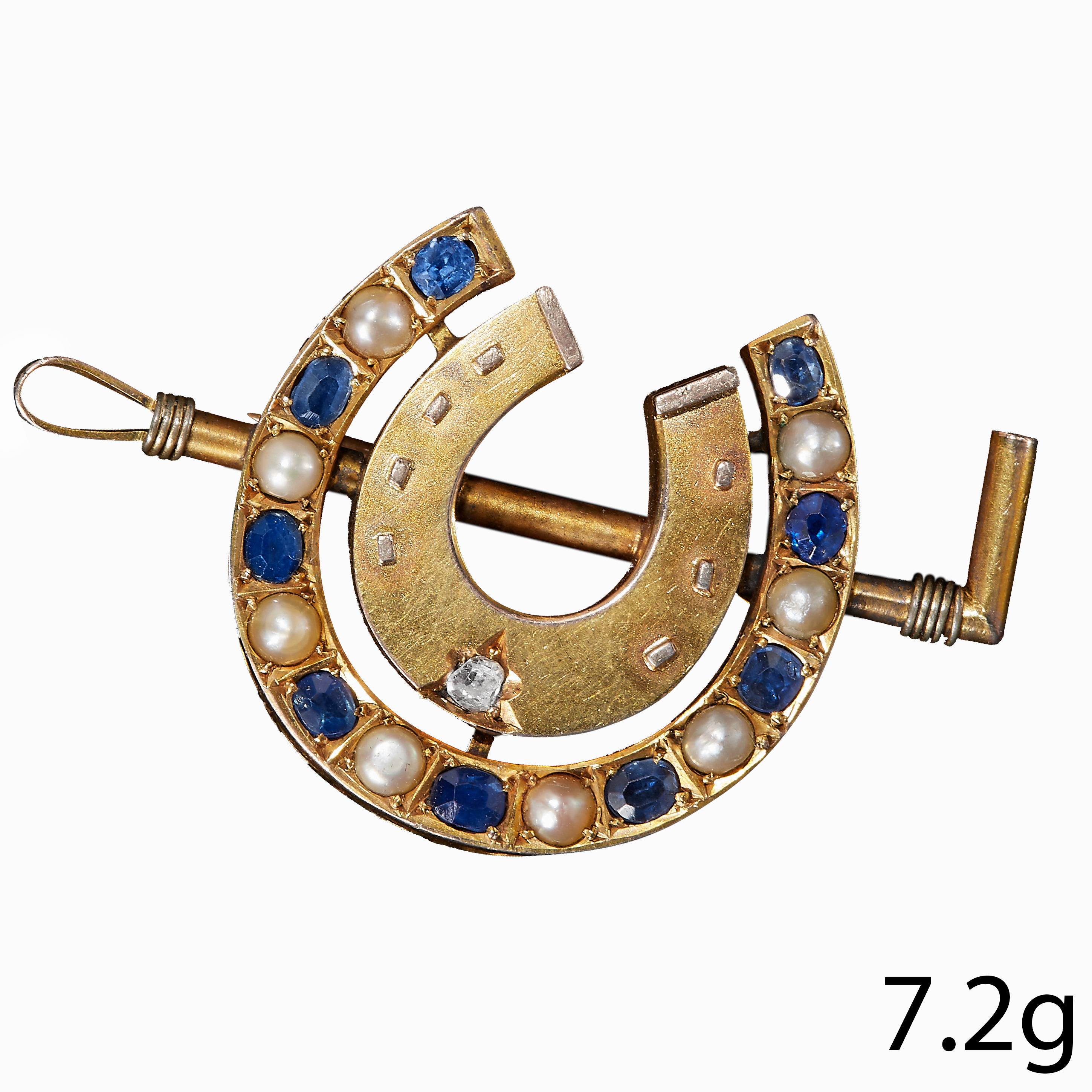 VICTORIAN SAPPHIRE PEARL AND DIAMOND HORSE SHOE AND RIDING CROP BROOCH