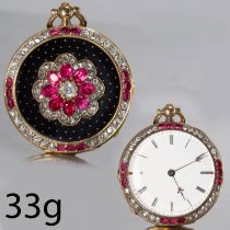 EARLY 20TH CENTURY FRENCH DIAMOND AND RUBY FOB WATCH BY ROSSEL & FILS.