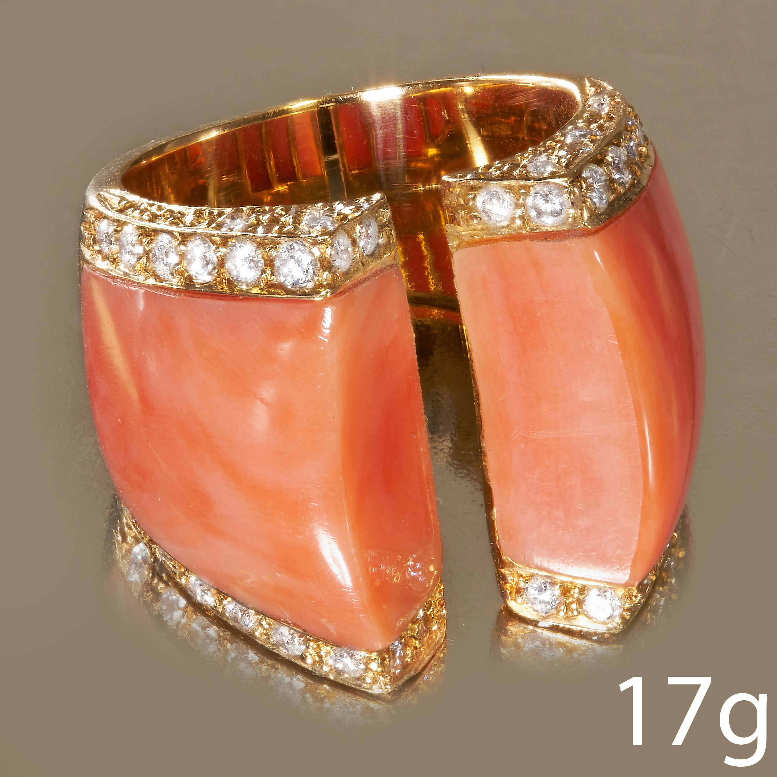 FINE CORAL AND DIAMOND RING