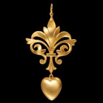 STYLIZED FLEUR-DE-LYS HEART DROP GOLD PENDANT