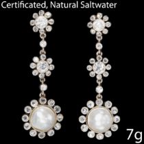 PAIR OF CERTIFICATED NATURAL SALTWATER PEARL AND DIAMOND DROP EARRINGS