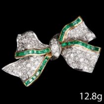 DIAMOND AND EMERALD BOW BROOCH