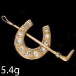 VICTORIAN DIAMOND HORSE SHOE AND RIDING CROP GOLD BROOCH