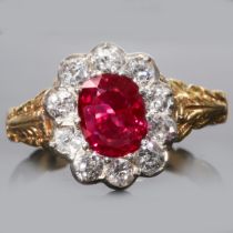 ANTIQUE RUBY AND DIAMOND CLUSTER RING