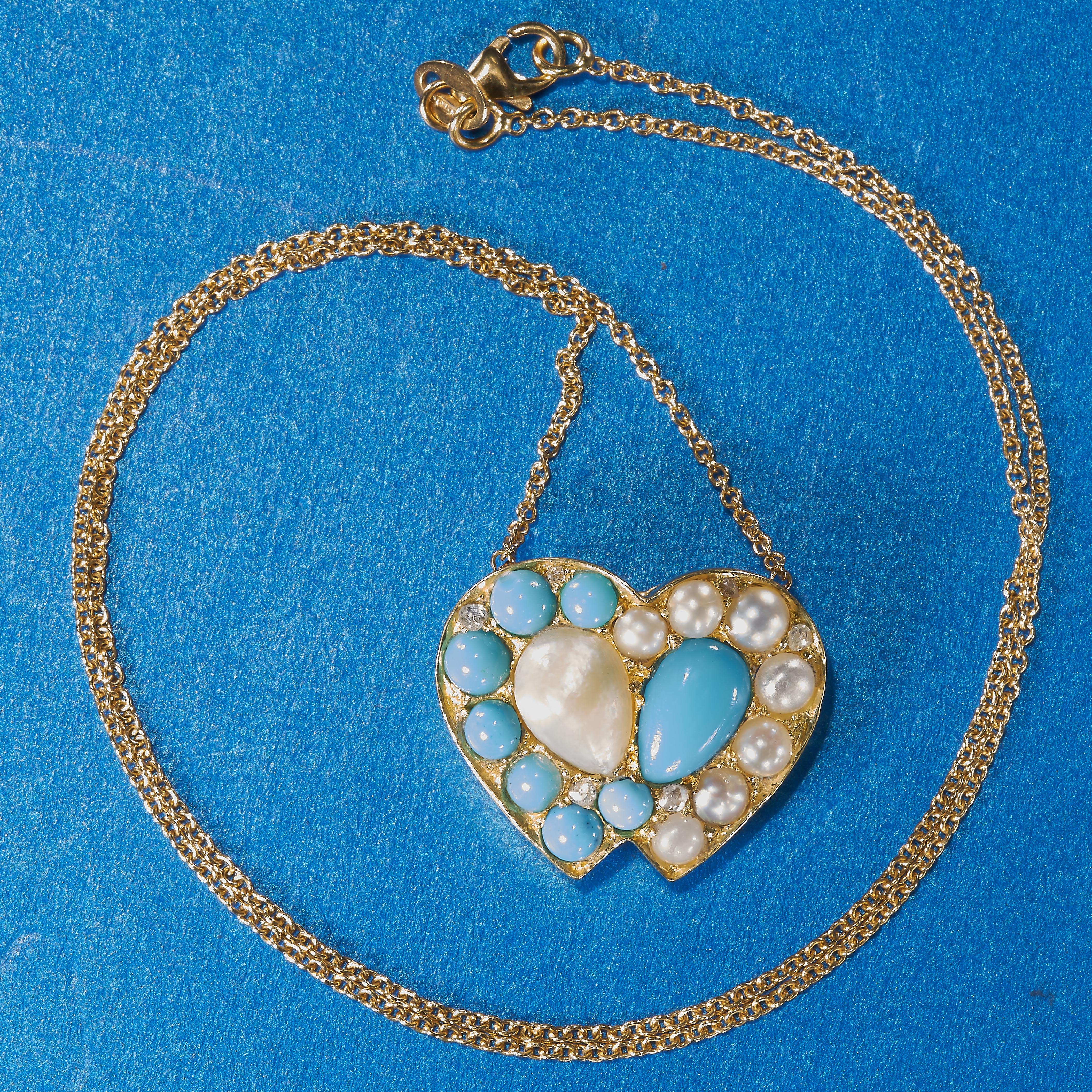 ANTIQUE TURQUOISE PEARL AND DIAMOND DOUBLE HEART RING - Image 2 of 2