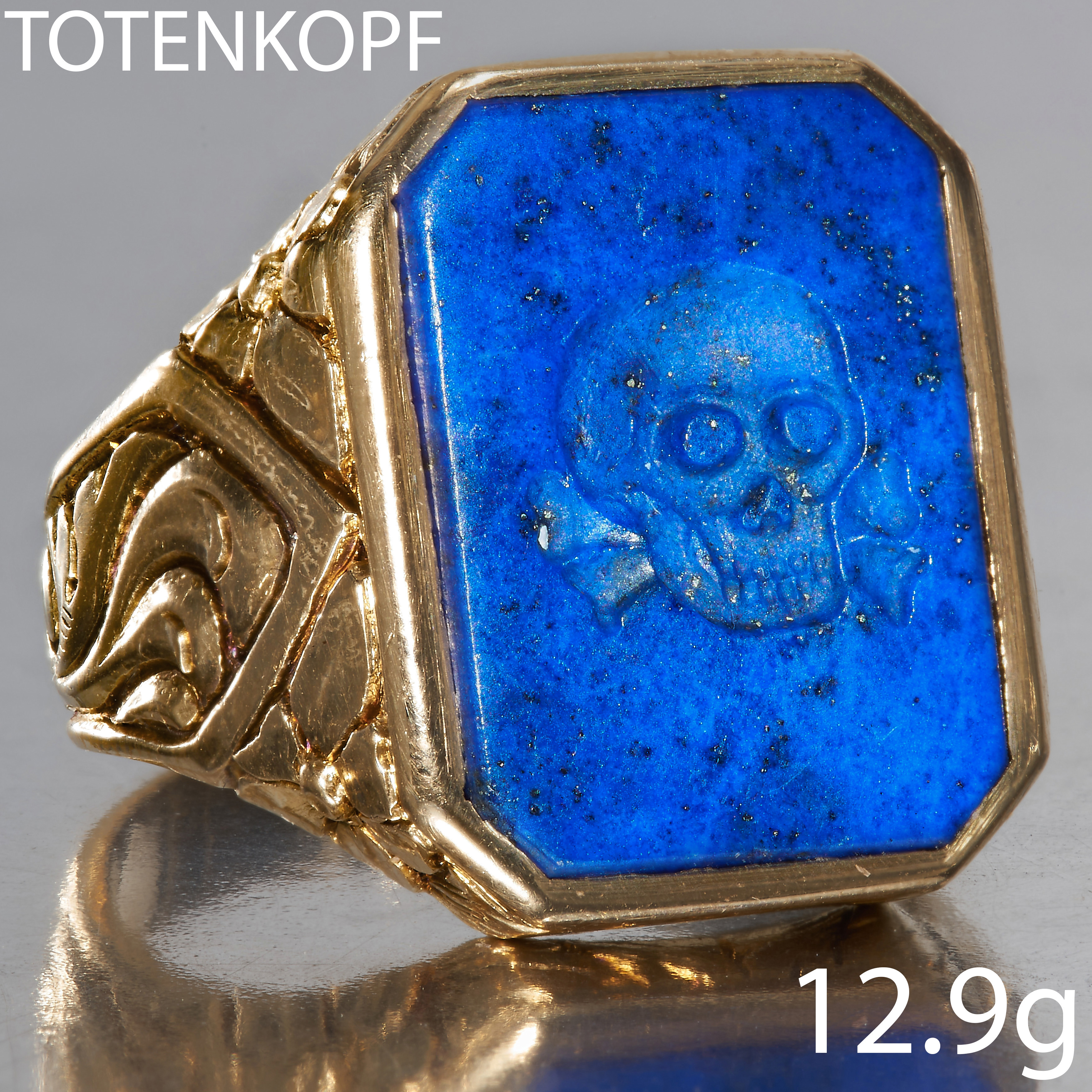 RARE AND LARGE CARVED INTAGLIO LAPIS LAZULI 'TOTENKOPF' SEAL RING