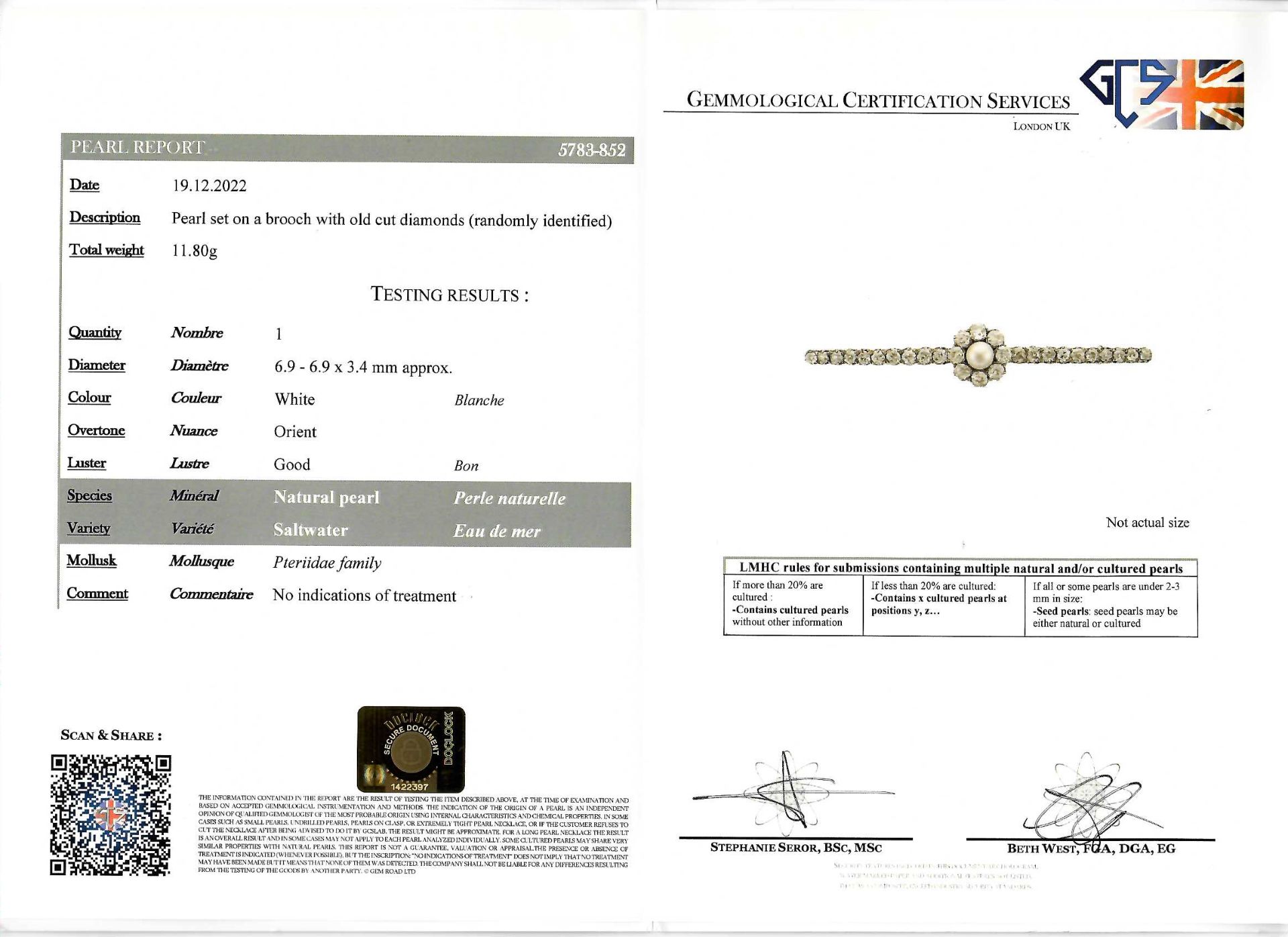 CERTIFICATED NATURAL SALTWATER PEARL AND DIAMOND BROOCH - Image 3 of 3