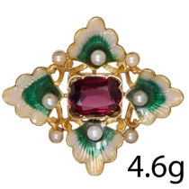 ANTIQUE GARNET PEARL AND ENAMEL BROOCH