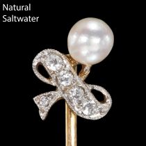 FINE NATURAL SALTWATER AND DIAMOND BOW STICK PIN