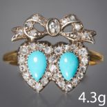 ANTIQUE TURQUOISE AND DIAMOND DOUBLE HEART RING