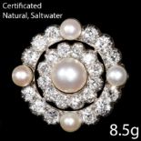 CERTIFICATED NATURAL SALTWATER PEARL AND DIAMOND BROOCH