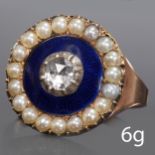 ANTIQUE DIAMOND ENAMEL AND PEARL CLUSTER RING