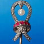 FINE ANTIQUE PEARL DIAMOND AND RUBY BOW STICK PIN