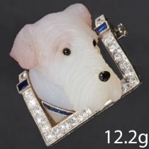 FINE AND HIGHLY DETAILED ART-DECO DIAMOND AND SAPPHIRE CARVED DOG BROOCH