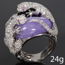 DIAMOND RUBY AND ONYX DOUBLE LIZARD RING