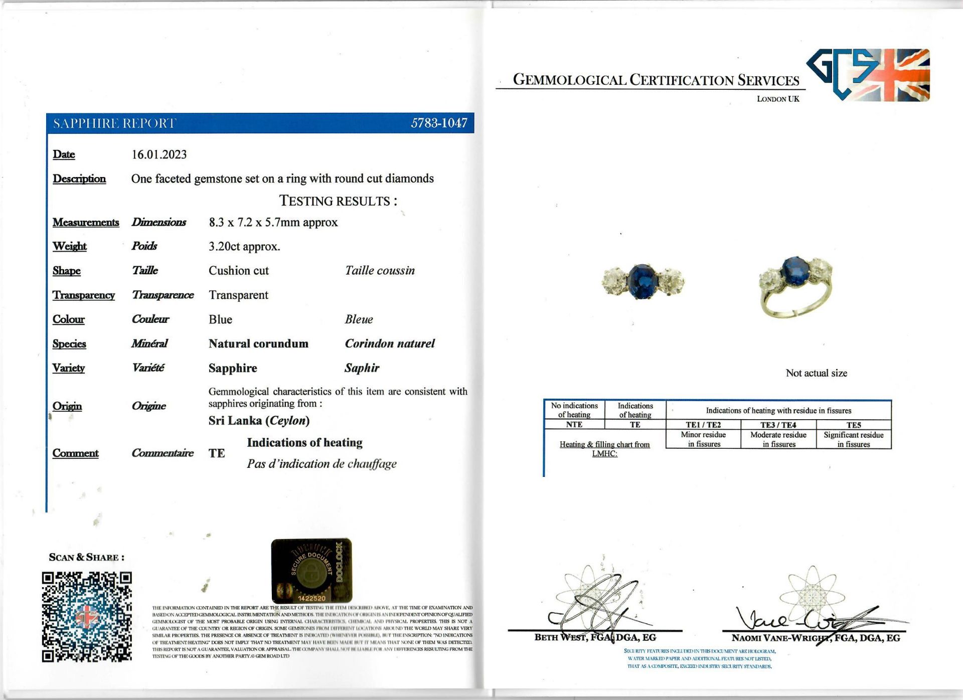 CERTIFICATED CEYLON SAPPHIRE AND DIAMOND 3-STONE RING - Image 2 of 2