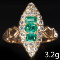 ANTIQUE EMERALD AND DIAMOND MARQUISE SHAPED RING