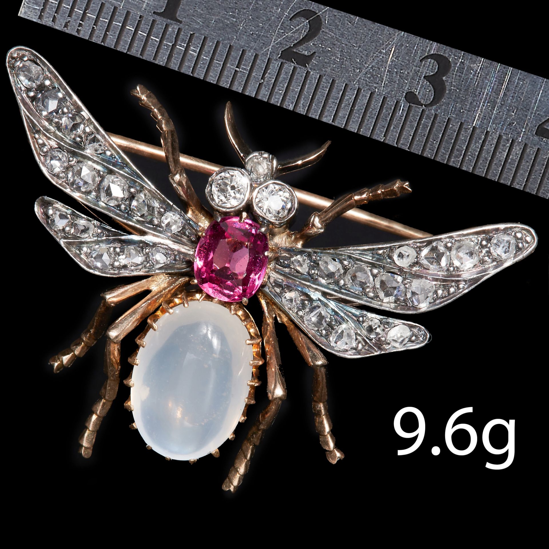 VICTORIAN DIAMOND, MOONSTONE AND AMETHYST FLY BROOCH