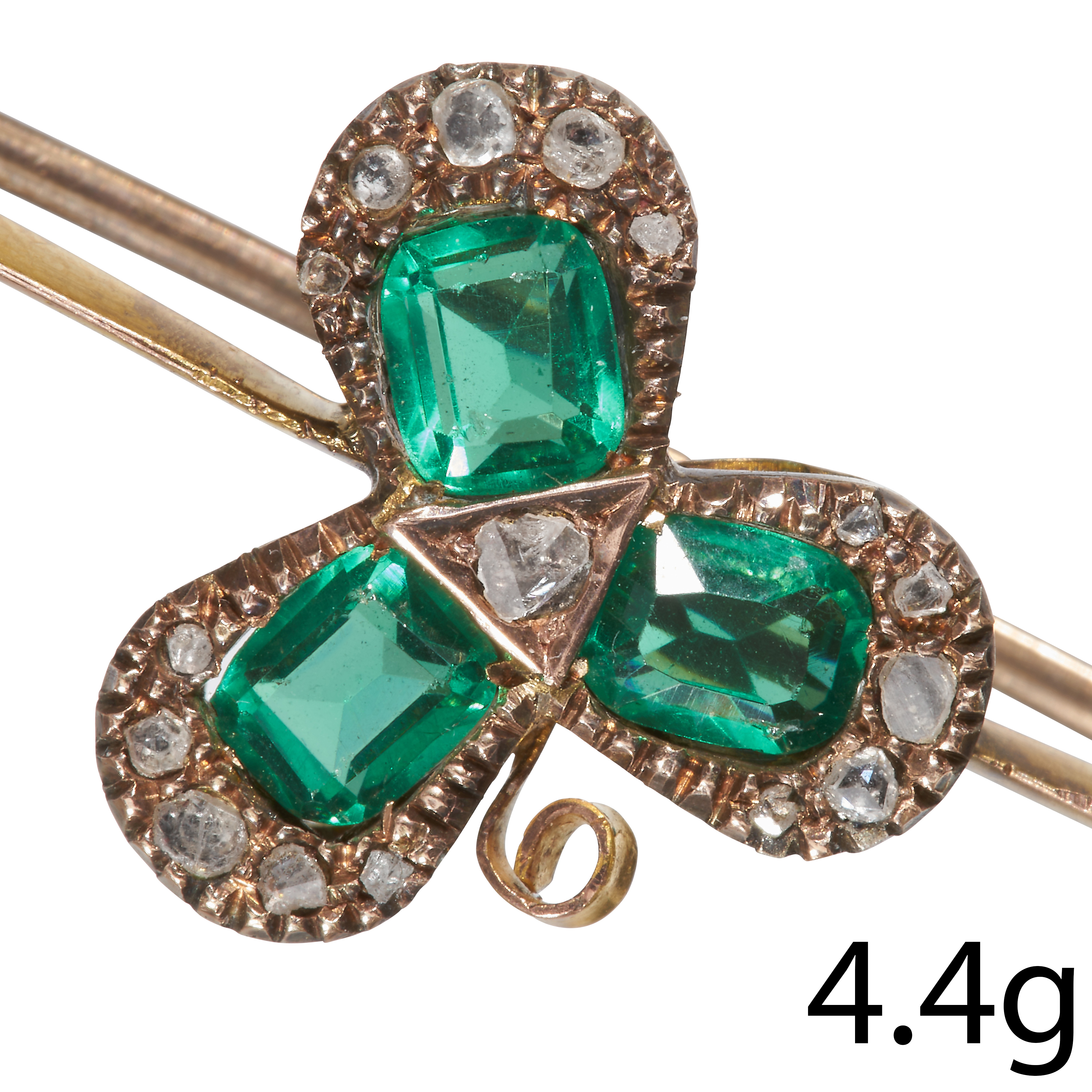 DIAMOND AND GREEN STONE CLOVER LEAF BAR BROOCH