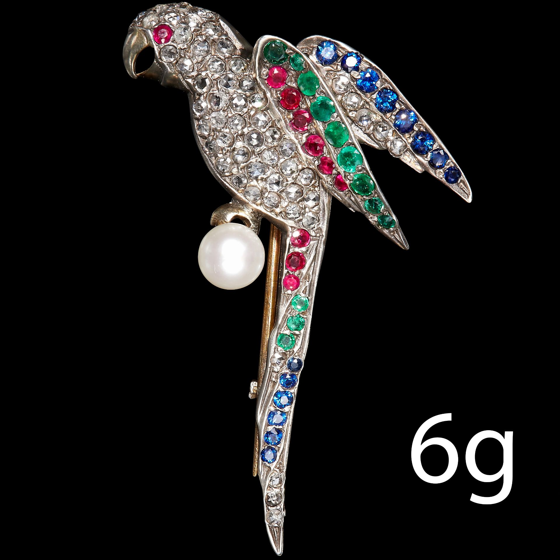 DIAMOND, EMERALD ,SAPPHIRE, RUBY AND PEARL PARROT BROOCH