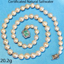 IMPORTANT CERTIFICATED NATURAL SALTWATER PEARL NECKLACE WITH AN EMERALD AND DIAMOND CLASP