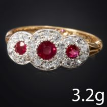 RUBY AND DIAMOND TRIPLE CLUSTER RING