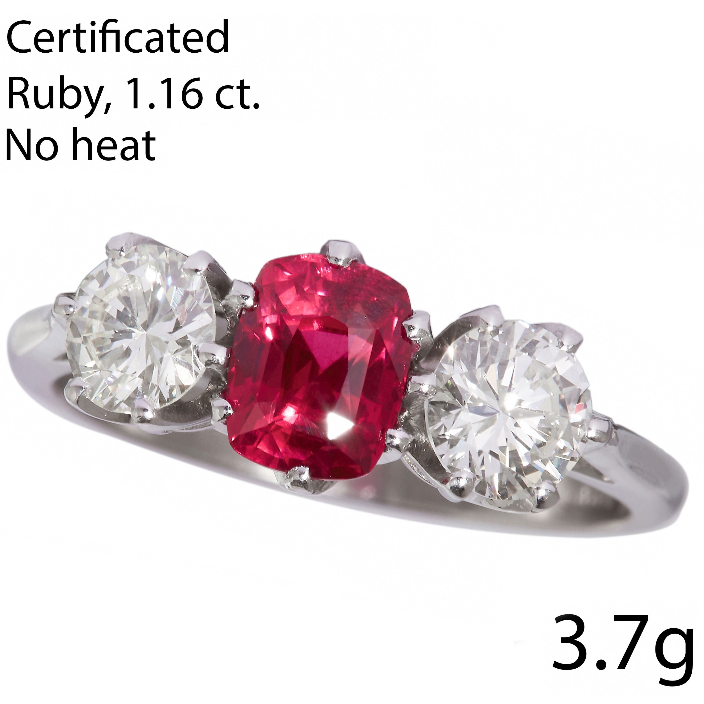 CERTIFICATED 1.16 ct. RUBY AND DIAMOND 3-STONE RING