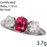 CERTIFICATED 1.16 ct. RUBY AND DIAMOND 3-STONE RING