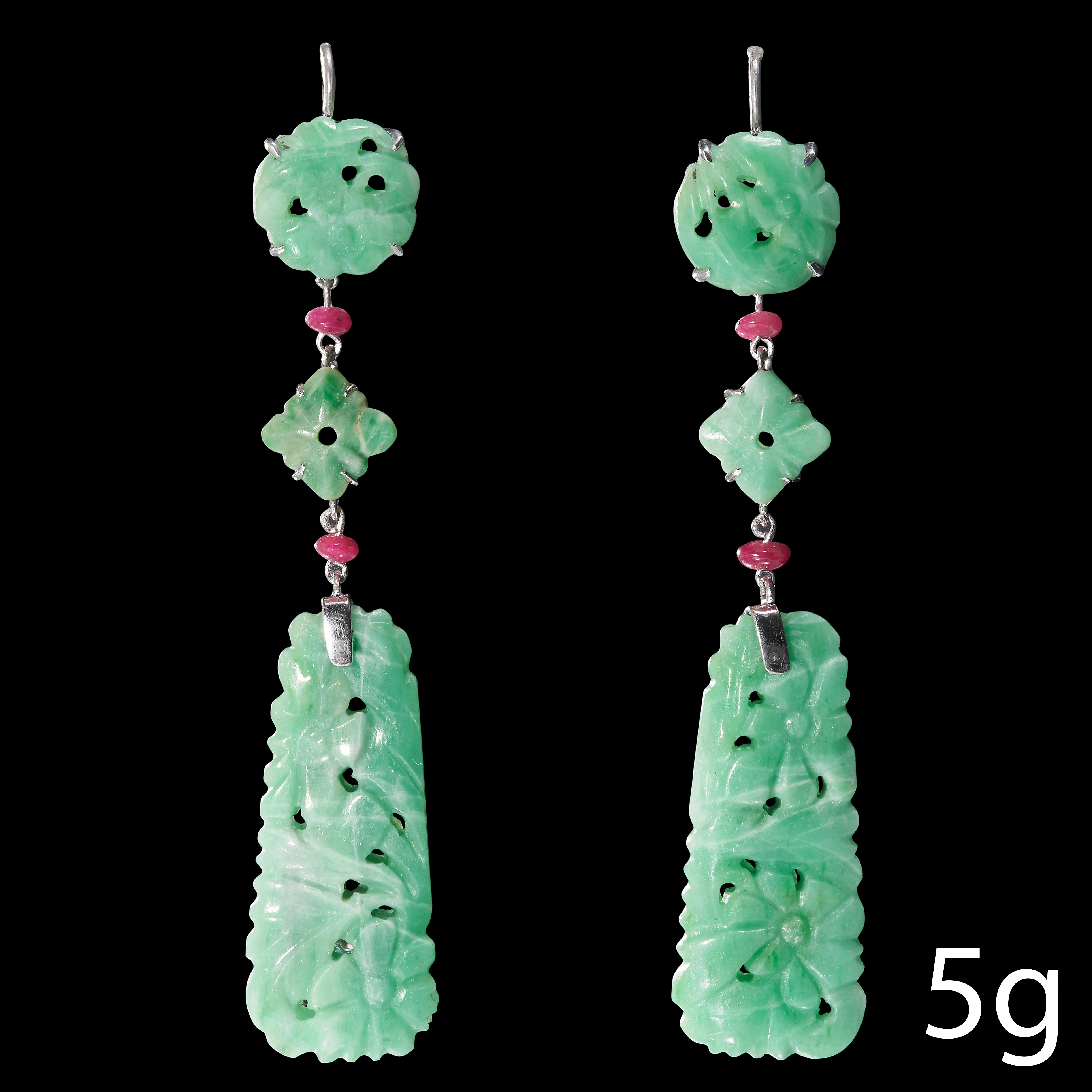 CARVED JADE AND RUBY DROP EARRINGS