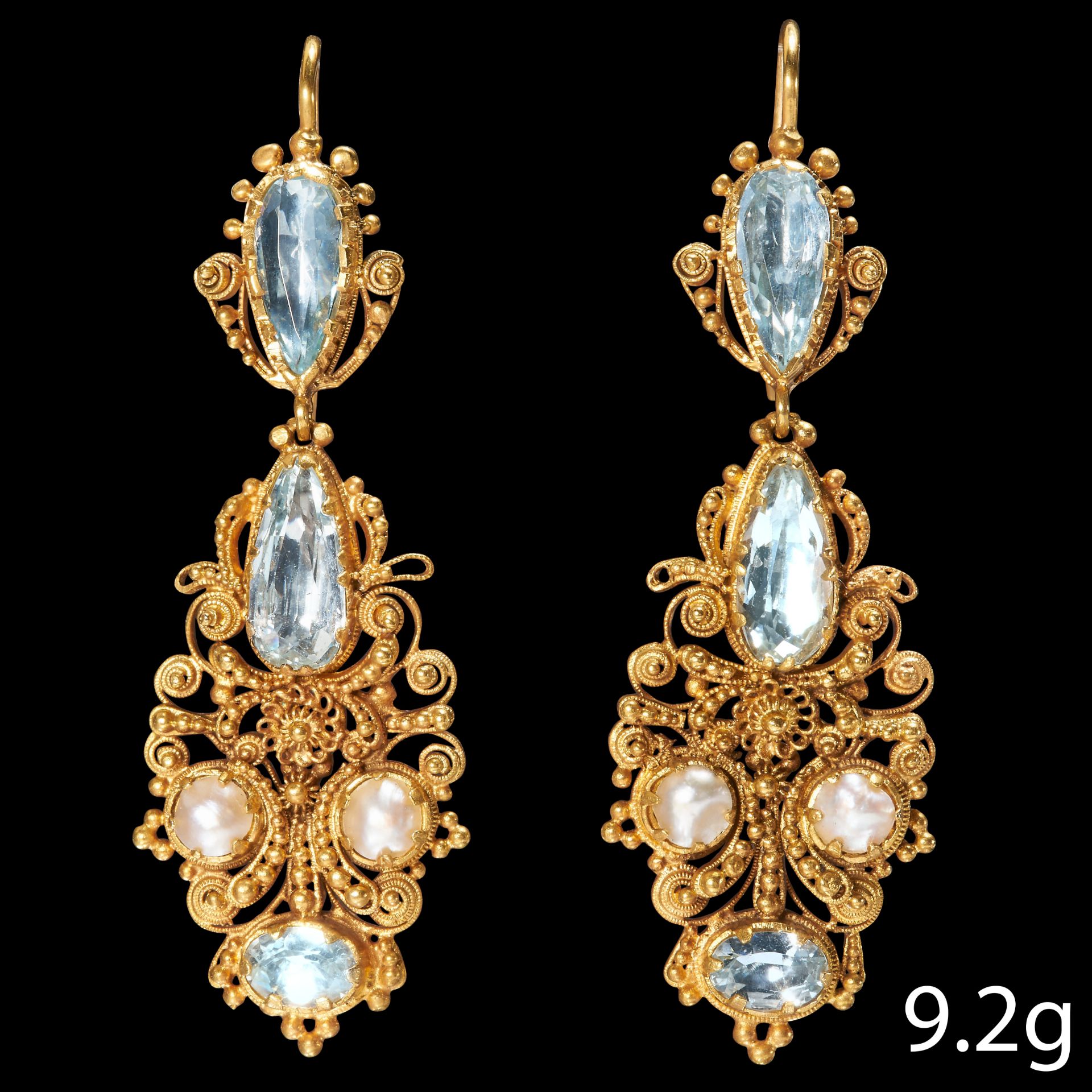 FINE PAIR OF GEORGIAN PEARL AND AQUAMARINE DROP EARRINGS