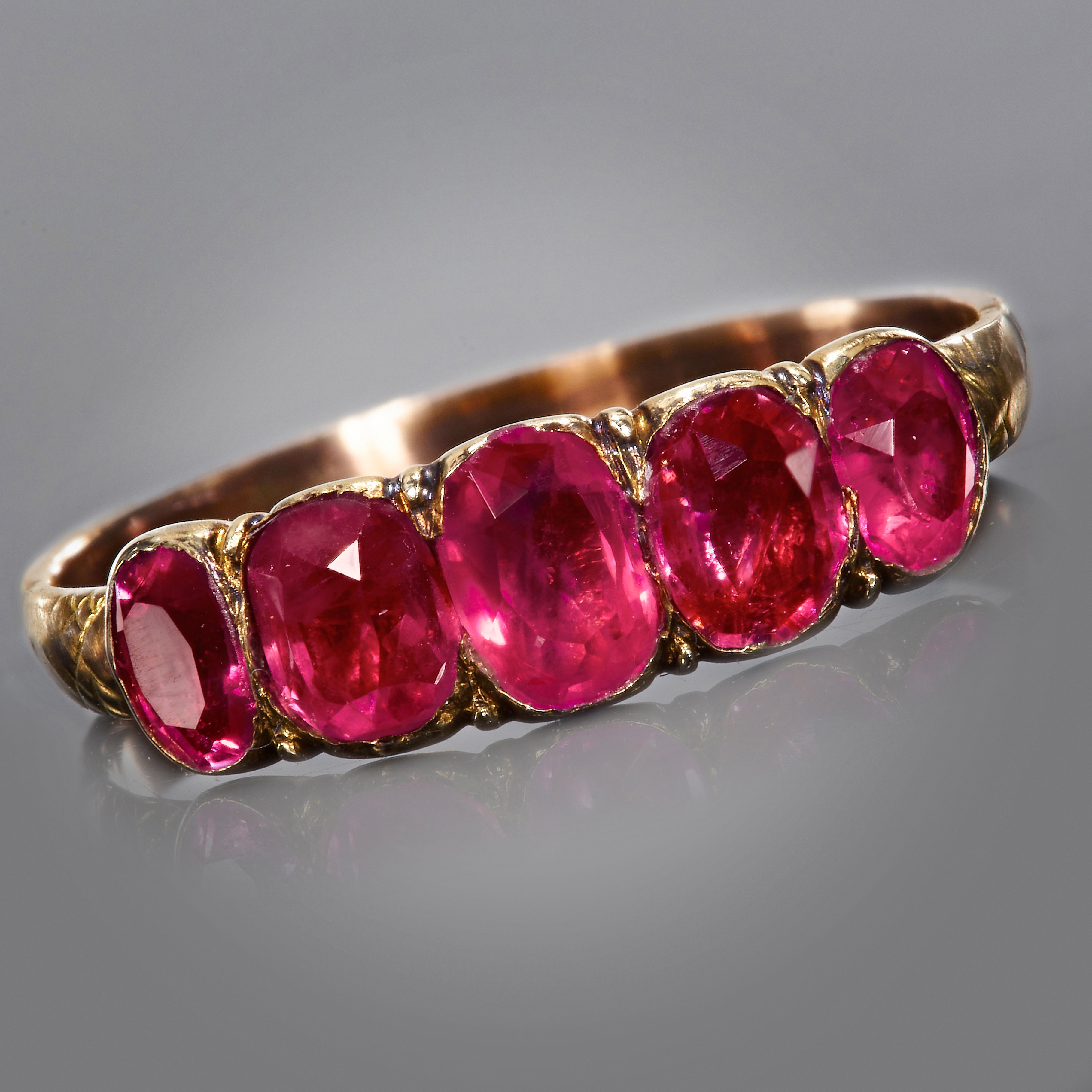 FINE GEORGIAN FIVE STONE RUBY RING