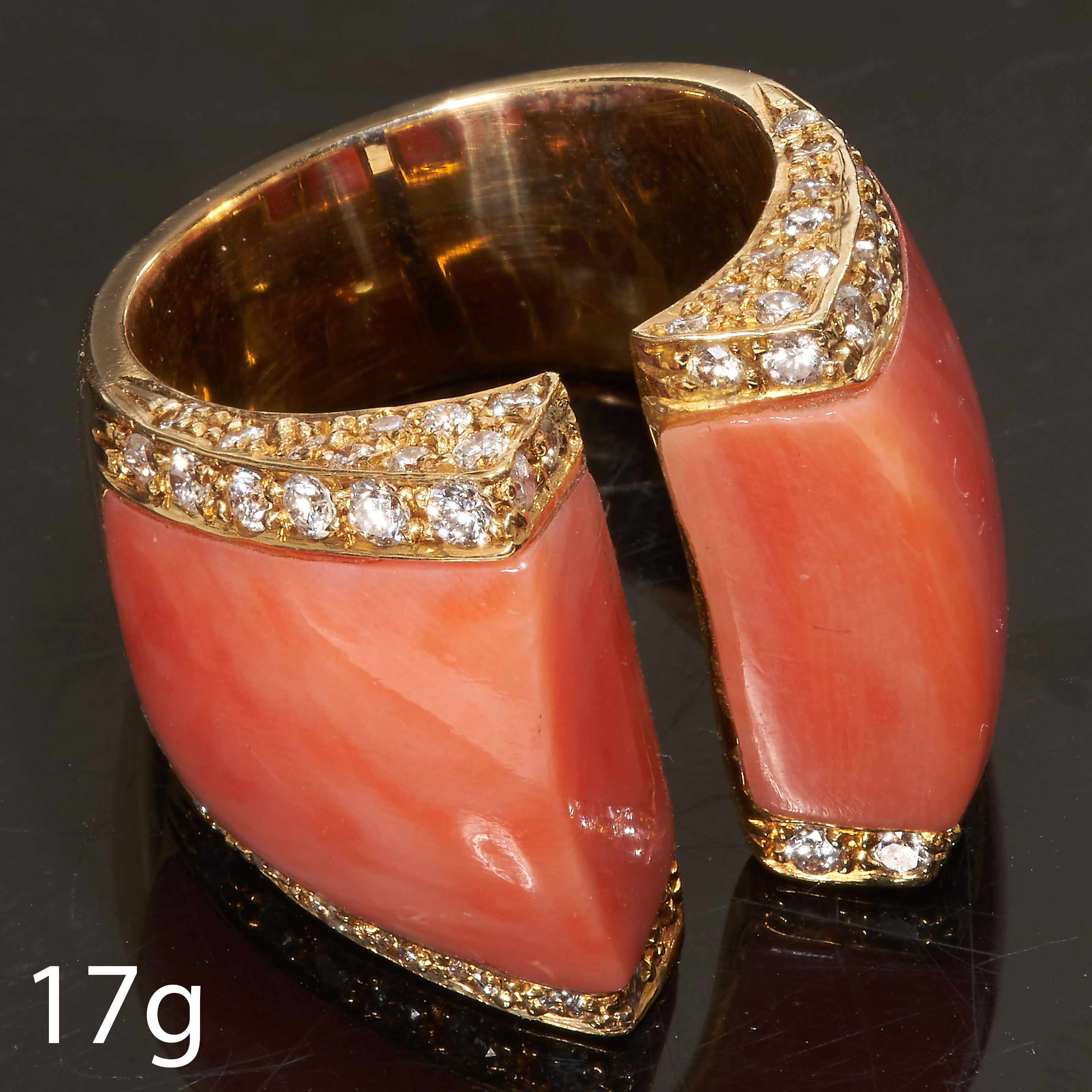 FINE CORAL AND DIAMOND RING