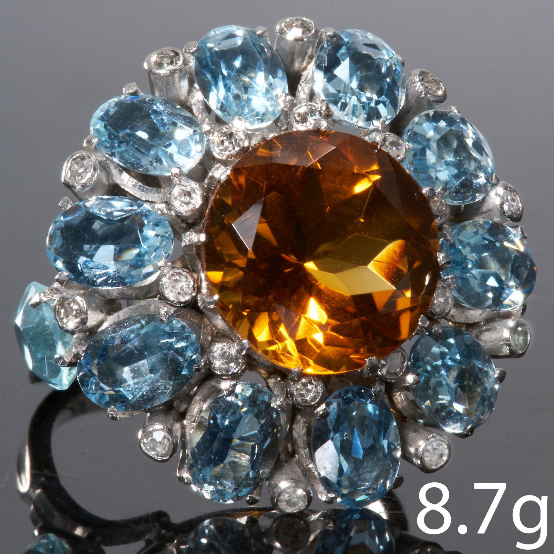 LARGE CITRINE AQUAMARINE AND DIAMOND RING