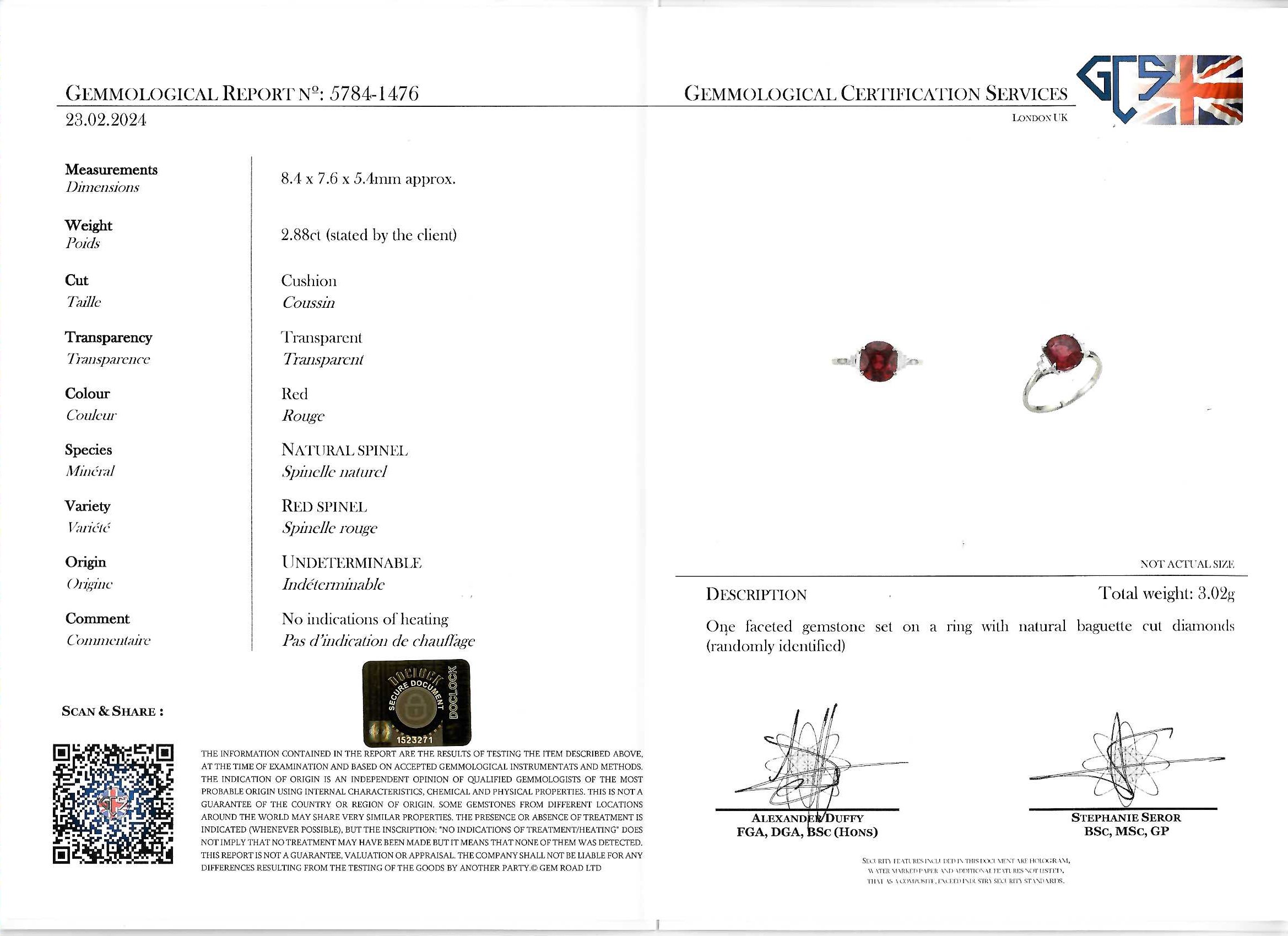 CERTIFICATED RED SPINEL AND DIAMOND RING - Image 2 of 2