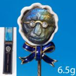 ANTIQUE VICTORIAN NOVELTY CARVED LABRADORITE , DIAMOND AND ENAMEL STICK PIN