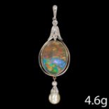 FINE BLACK OPAL, NATURAL SALTWATER PEARL AND DIAMOND PENDANT