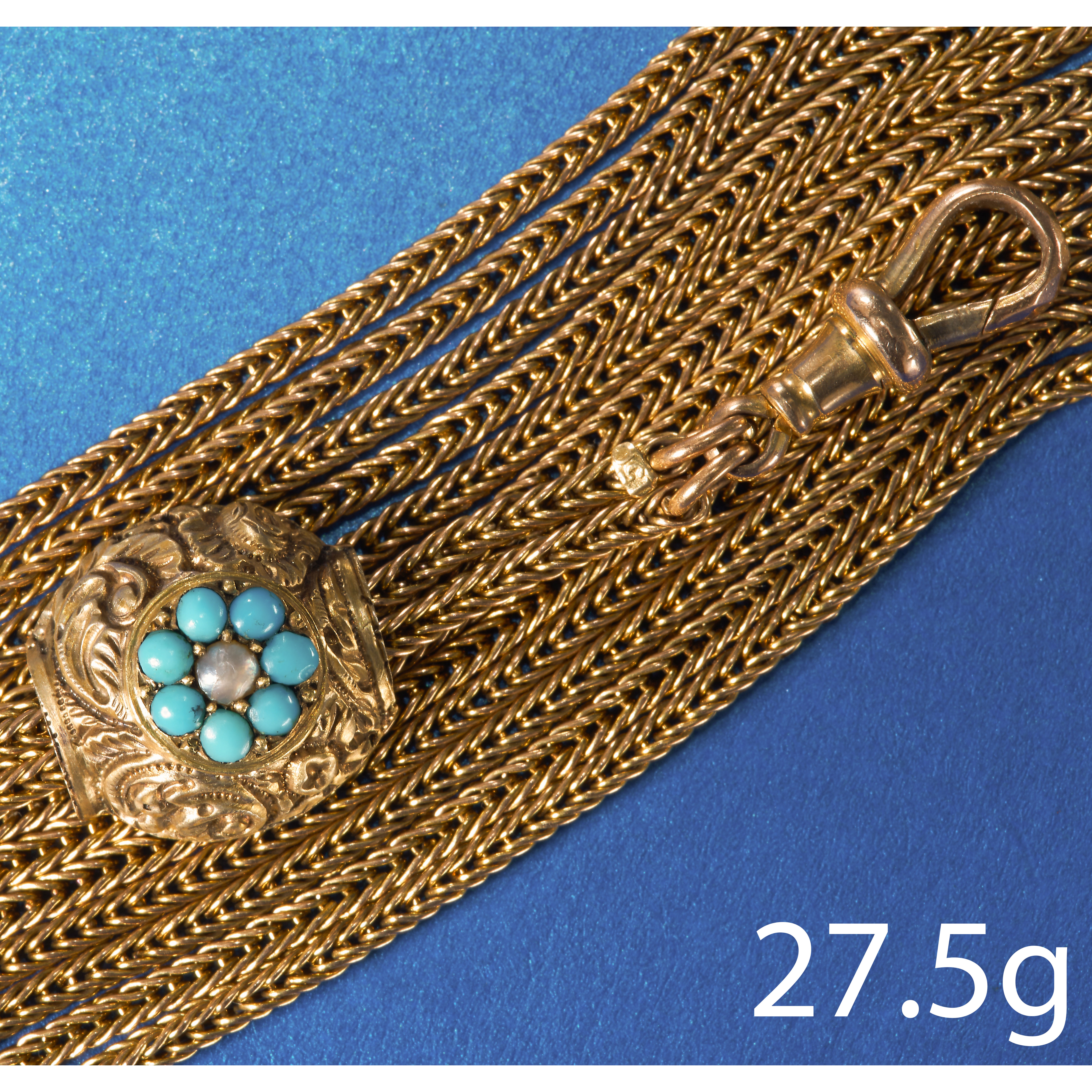 ANTIQUE GOLD GUARD CHAIN, WITH TURQUOISE SLIDER