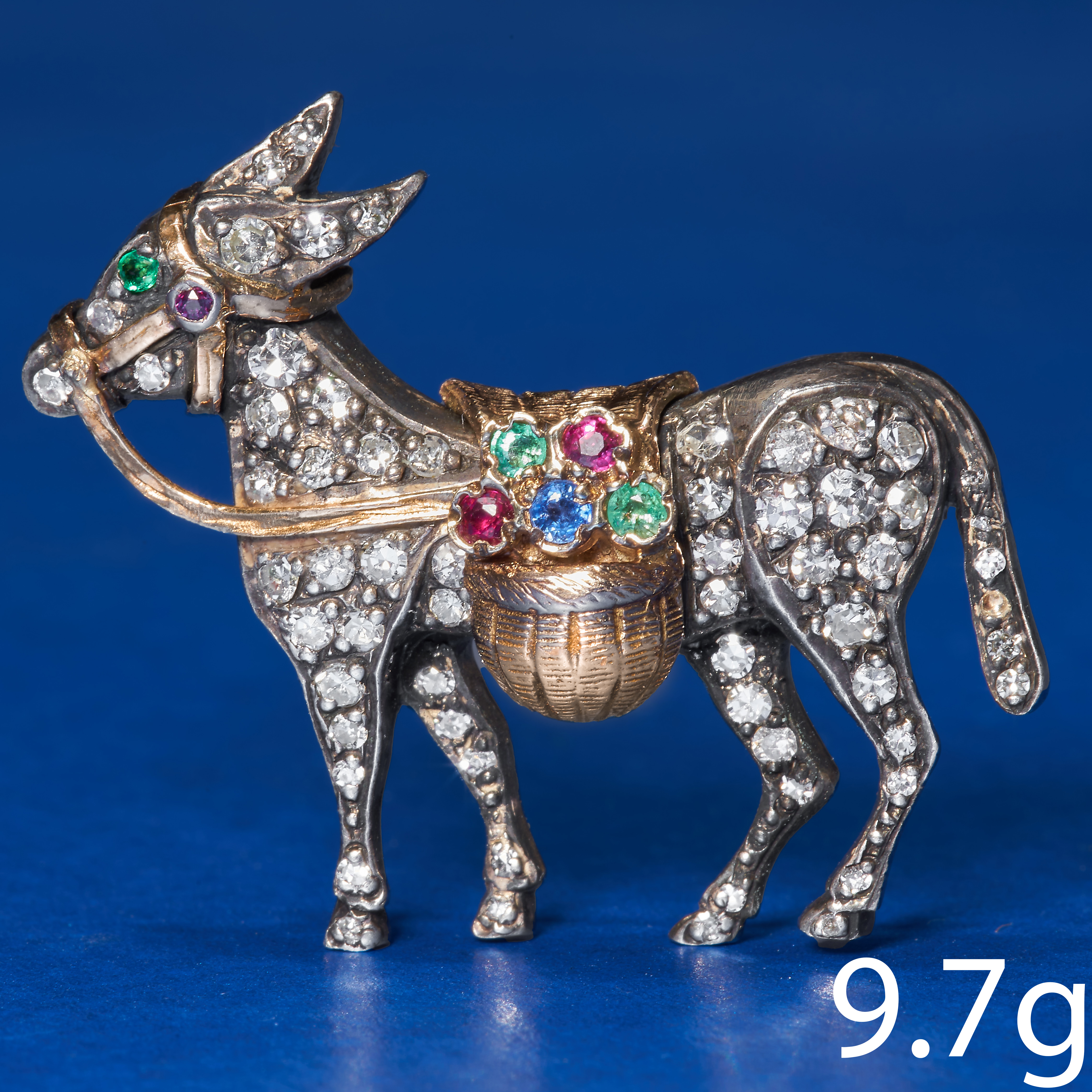 UNUSUAL AND SWEET DIAMOND RUBY SAPPHIRE AND EMERALD DONKEY BROOCH