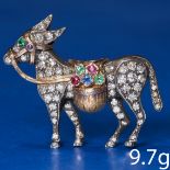 UNUSUAL AND SWEET DIAMOND RUBY SAPPHIRE AND EMERALD DONKEY BROOCH