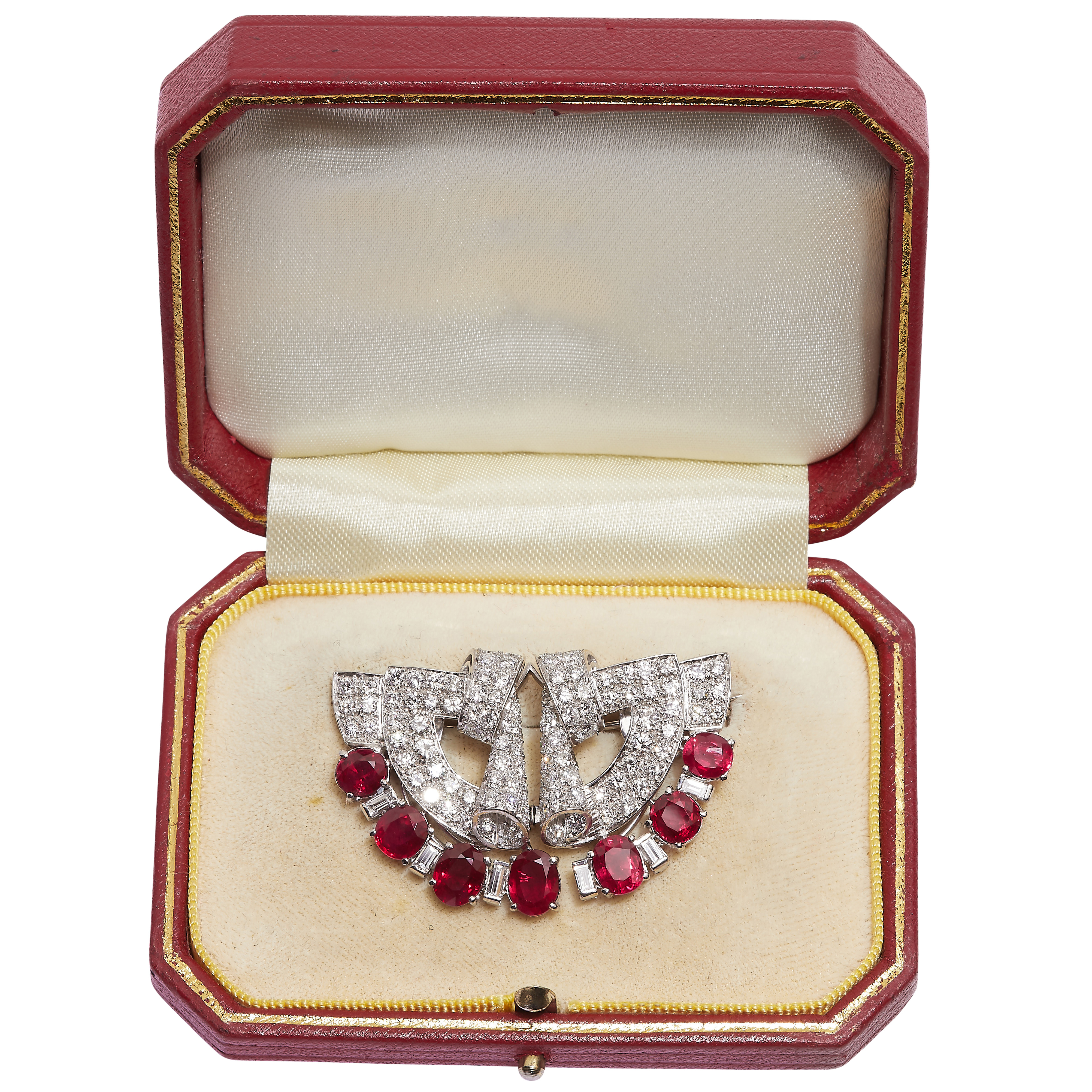 IMPORTANT ART-DECO BURMA 'MONG HSU' RUBY AND DIAMOND DOUBLE CLIP BROOCH - Image 2 of 2